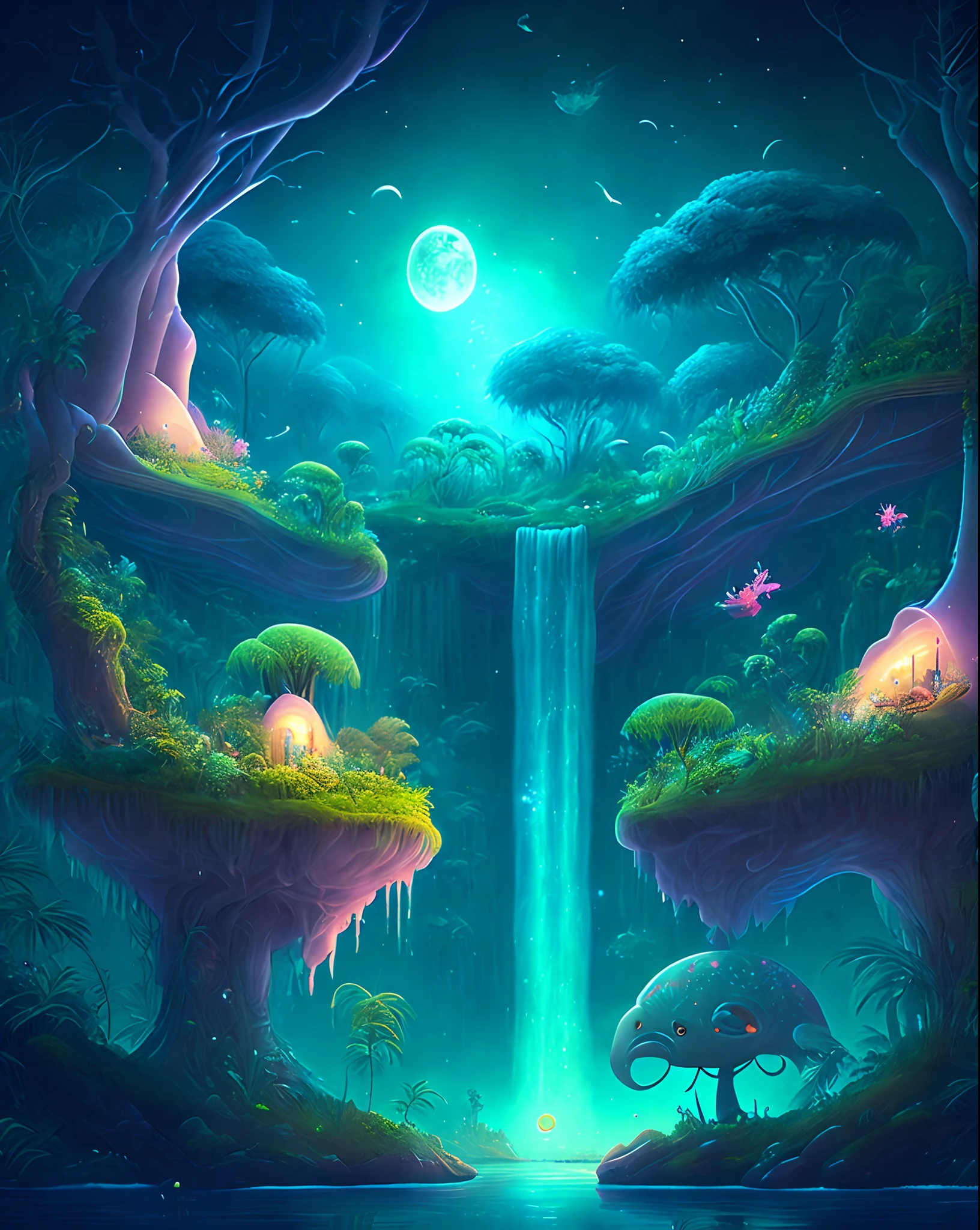 Enchanting dreamy jungle in the moonlight, A huge floating island covered with dense vegetation, cascading waterfalls,Dense trees，Strange and cute trees，and illuminated creatures soaring in the night, Digital artwork