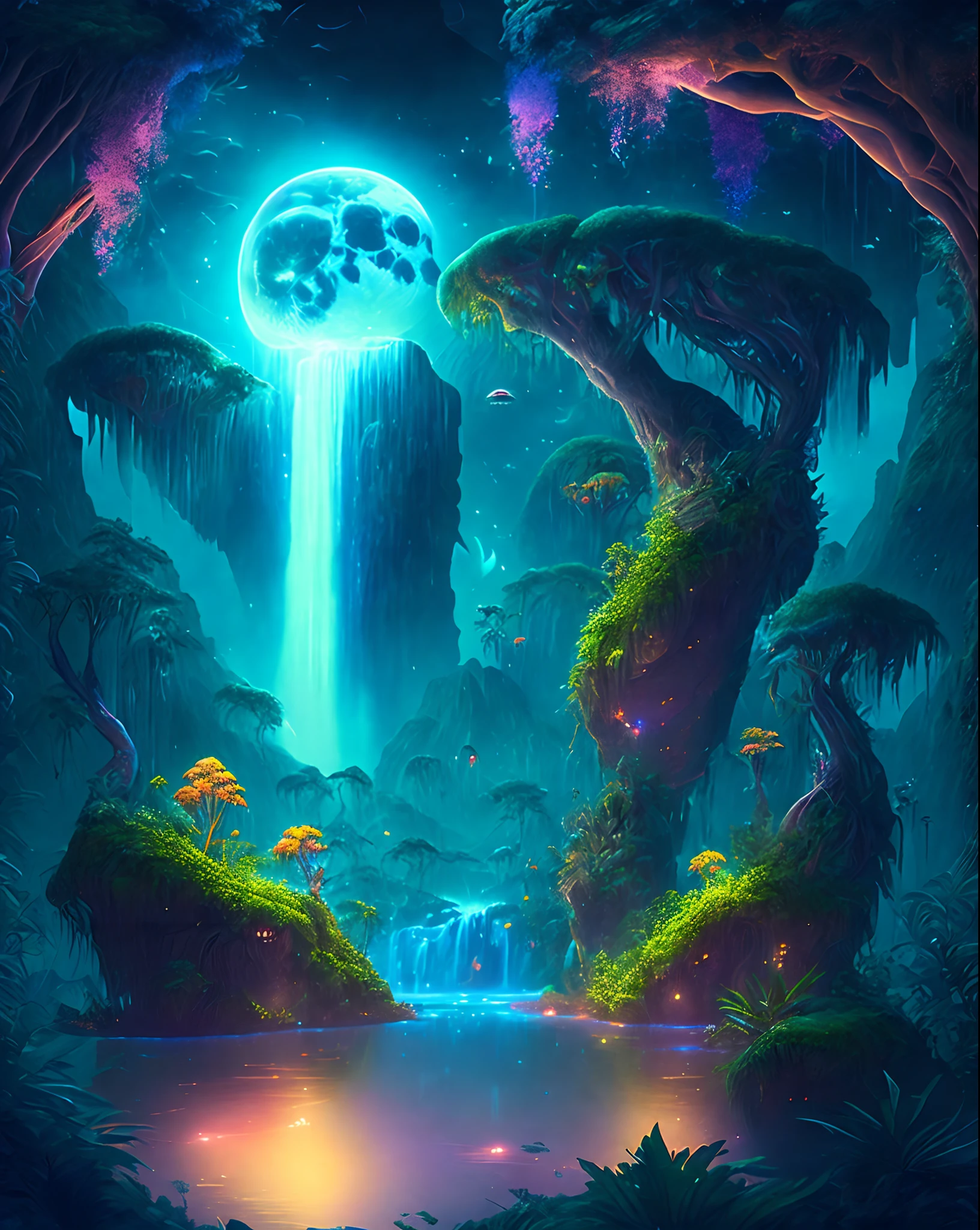 Uma encantadora selva de fantasia sob um céu enluarado, enormes ilhas flutuantes cobertas por vegetação exuberante, cachoeiras em cascata, e criaturas iluminadas voando pela noite, arte digital