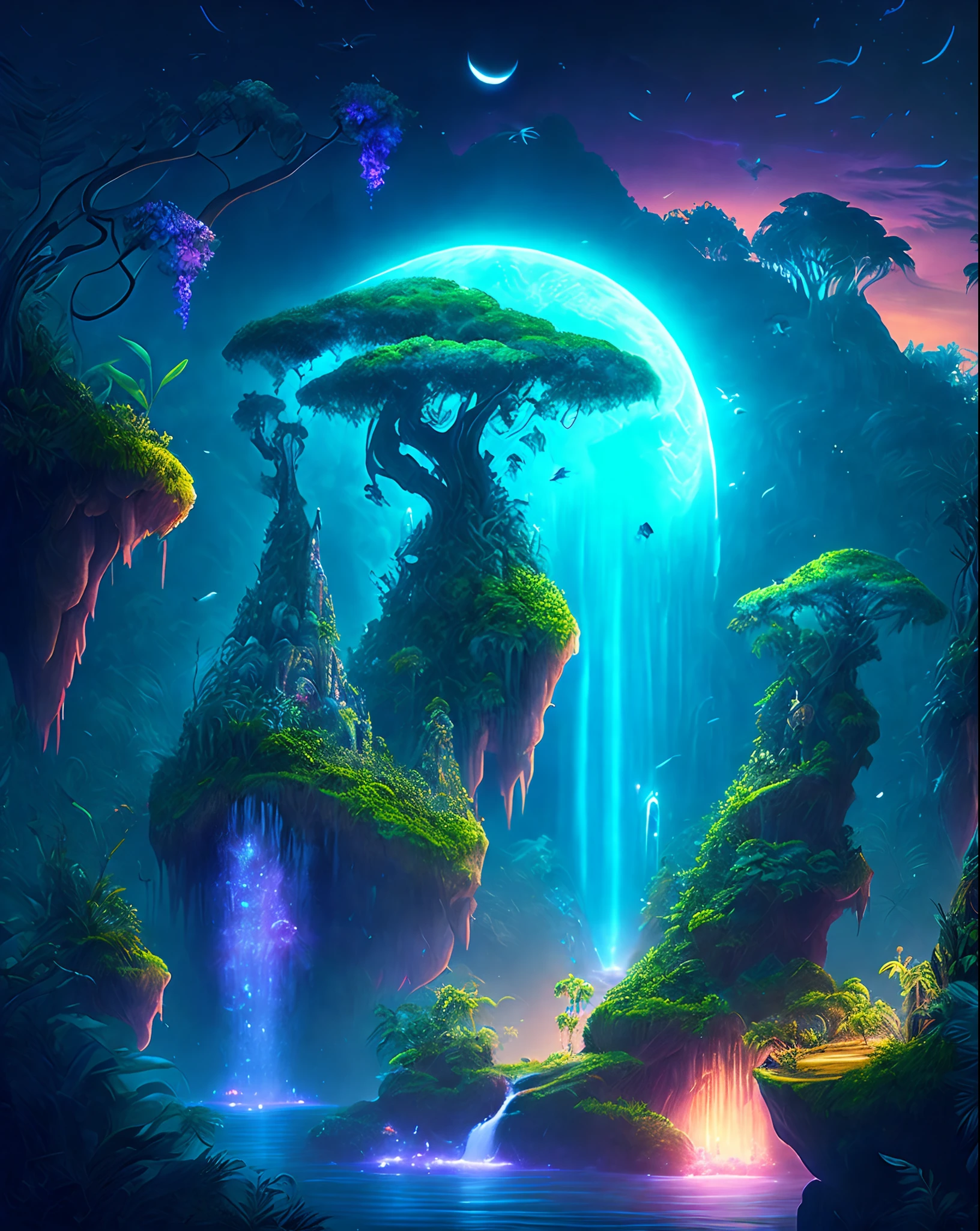 An enchanting fantasy jungle under a moonlit sky, massive floating islands covered in lush vegetation, cascading waterfalls, and illuminated creatures soaring through the night, Digital artwork