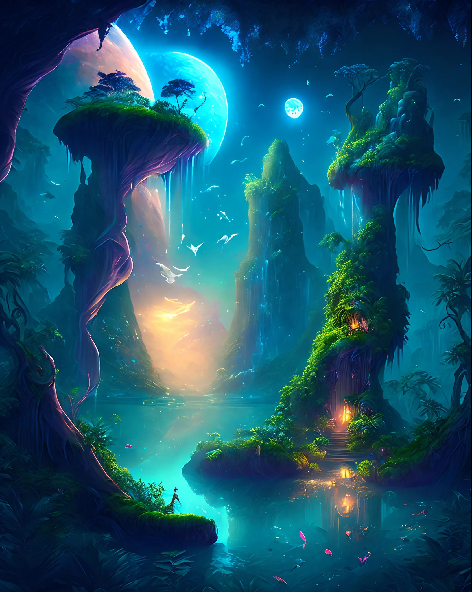 An enchanting fantasy jungle under a moonlit sky, massive floating islands covered in lush vegetation, cascading waterfalls, and illuminated creatures soaring through the night, Digital artwork