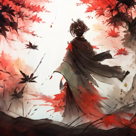 cinematic, masterpiece, 1man, kaedehara kazuha, official costume, from behind, maple tree, (maple leaves falling), hanfu, inkpating, raining maple leaves