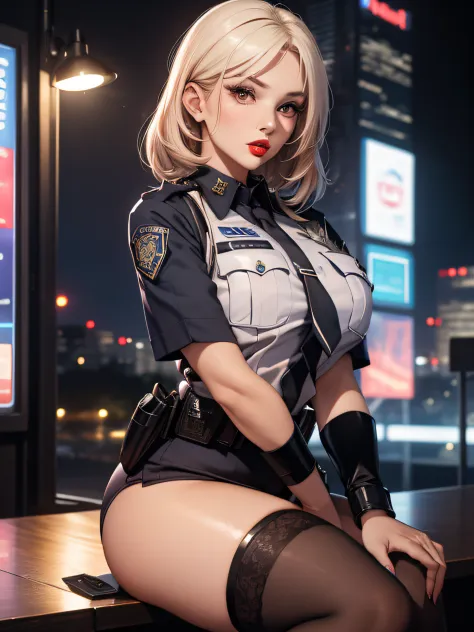 Solo, (Police Uniform, policewoman), Stockings, City lights, (gaze at the audience: 1.3), Lips apart, Red lips, Shiny skin, dent...