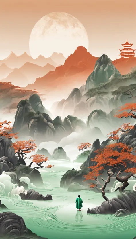 A person wearing Hanfu stands in the flowing mountains and waters in the style of fluid landscapes Song Dynasty fine brushwork landscape painting rendered in cinema 4d organic flowing forms Gothic landforms and landforms light green and white mediterranean...