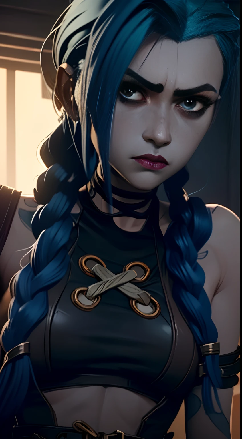 Jinx's character design, Crying, Hot Pink Tears, Screams, closeup face, Explosions in the background, beautiful breasts, Sexy, Arcane's Jinx, sexypose, waves his hand, Pink glowing eyes, hairlong, hairsh, braided into long braids, Pigtails hang below the knee, Hair color changes from bright blue to navy blue, Dressed in brown breeches, Leather boots on the feet, Top with four gold circles on the chest in the middle of the chest, Blue cloud tattoos on shoulders and waist, Long bangs, hanging on the right side, Belt with cartridges on the belt, A pistol in a holster on his left leg, Arcane style, extremely detailed CG unity 8k wallpaper, detailed light, Cinematic lighting, chromatic aberration, glittering, expressionless, epic composition, dark in the background, Cherecter Desing, Very detailed, Detailed body, Vibrants, Detailed Face, sharp-focus, anime art, Vibrants, Detailed Face, Hugh Details, sharp-focus, Very drooping face, A detailed eye, super fine illustration, better shadow, finely detail, Beautiful detailed glow, Beautiful detailed, Extremely detailed, expressionless, epic composition, Presented at artstation, Octane Render, artstation hd, Cinematic, 4 thousand., hypermaximalist, elegant