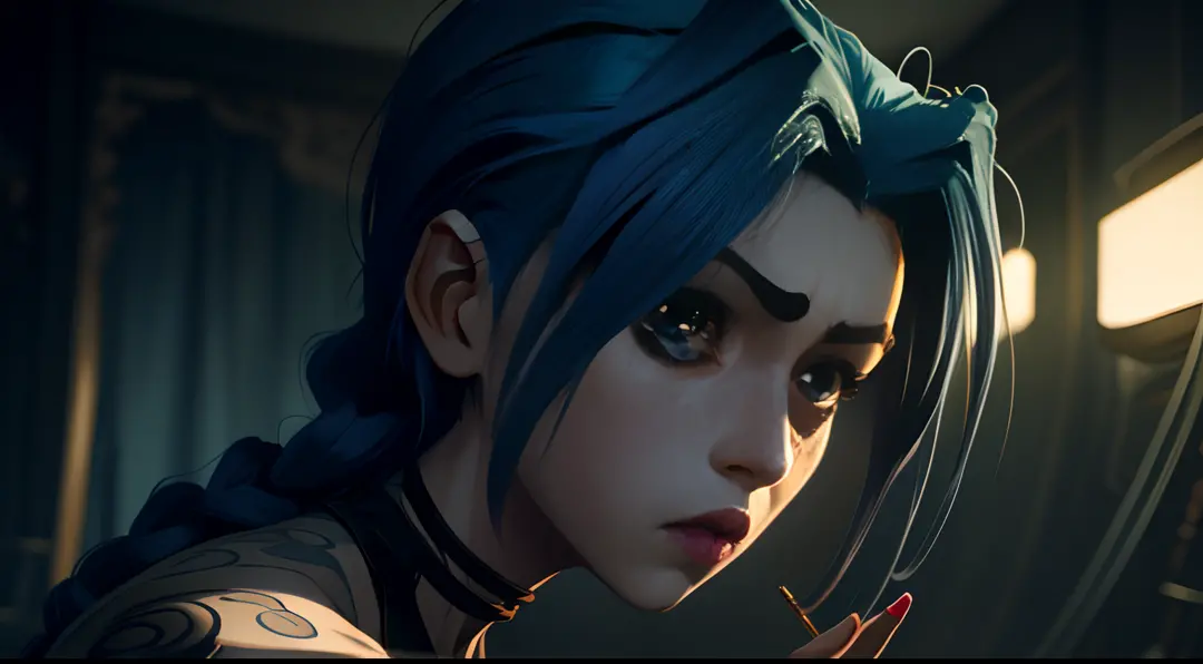Jinx's character design, Crying, Hot Pink Tears, Screams, closeup face, Explosions in the background, beautiful breasts, Sexy, Arcane's Jinx, sexypose, waves his hand, Pink glowing eyes, hairlong, hairsh, braided into long braids, Pigtails hang below the k...