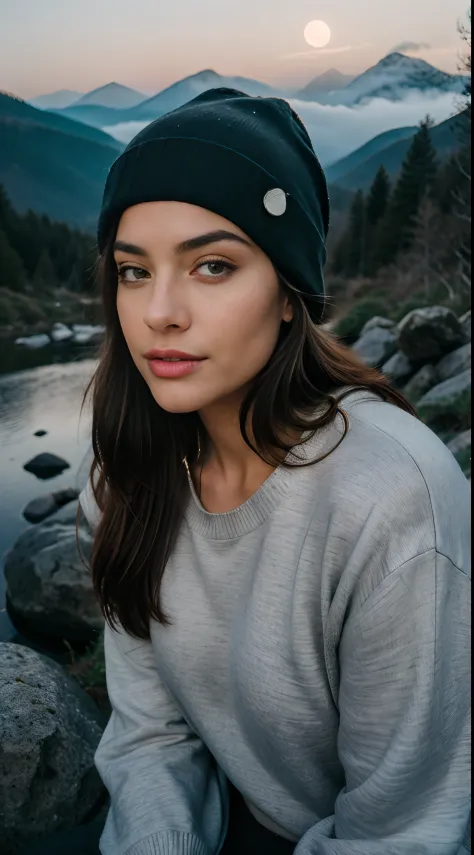 photorealistic, best quality, hyper detailed, beautiful woman, selfie photo, upper body, solo, wearing pullover, 3 different style and cloths ,outdoors, (night), mountains, real life nature, stars, moon, (cheerful, happy), sleeping bag, gloves, sweater, be...