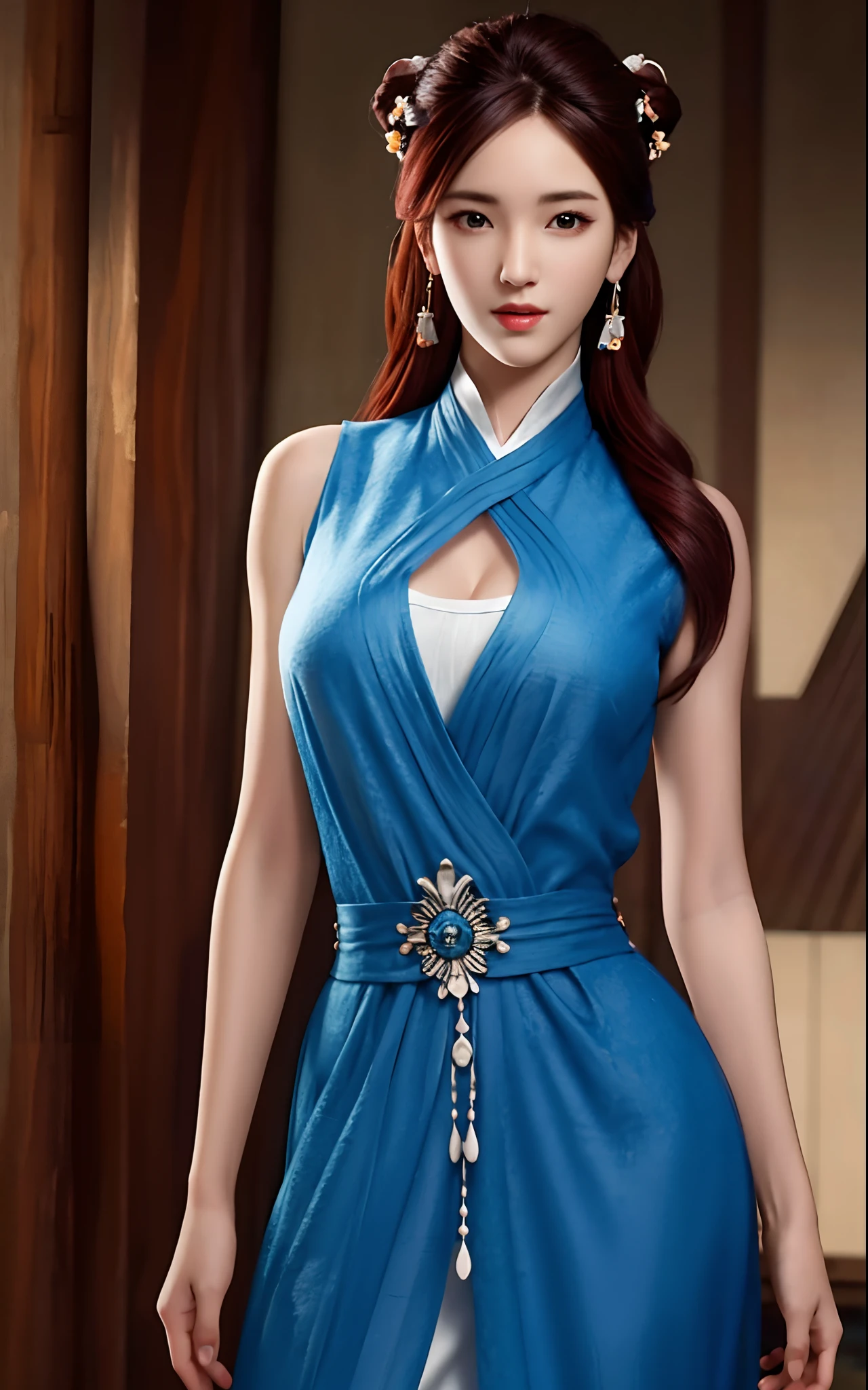 a close up of a woman in a blue dress with a white dress, upon body xianxia, inspired by Lan Ying, inspired by Li Mei-shu, inspired by Qiu Ying, inspired by Li Tang, upon body wuxia, game cg, xianxia, queen of the sea mu yanling, xianxia hero, (hyperrealistic:1.25), (illustration), (high resolution), (8K), (extremely detailed), (best illustration), (beautiful detailed eyes), (best quality), (ultra-detailed), (masterpiece), (wallpaper), (photorealistic), (detailed face), high detailed realistic skin texture, anatomically correct, solo, 1girl, (high detailed realistic hair), (red hair:1.3), (heterochromic eyes), (detailed red glowing eyes:1.25), (realistic big breasts:1.3), (cleavage), (exposed breasts), (bare shoulders), (long legs), (slender abs), (dynamic pose), (closed lips:1.3), (upon body), nsfw, absurdres, highres, ultra detailed, eyeliner, sideboob,