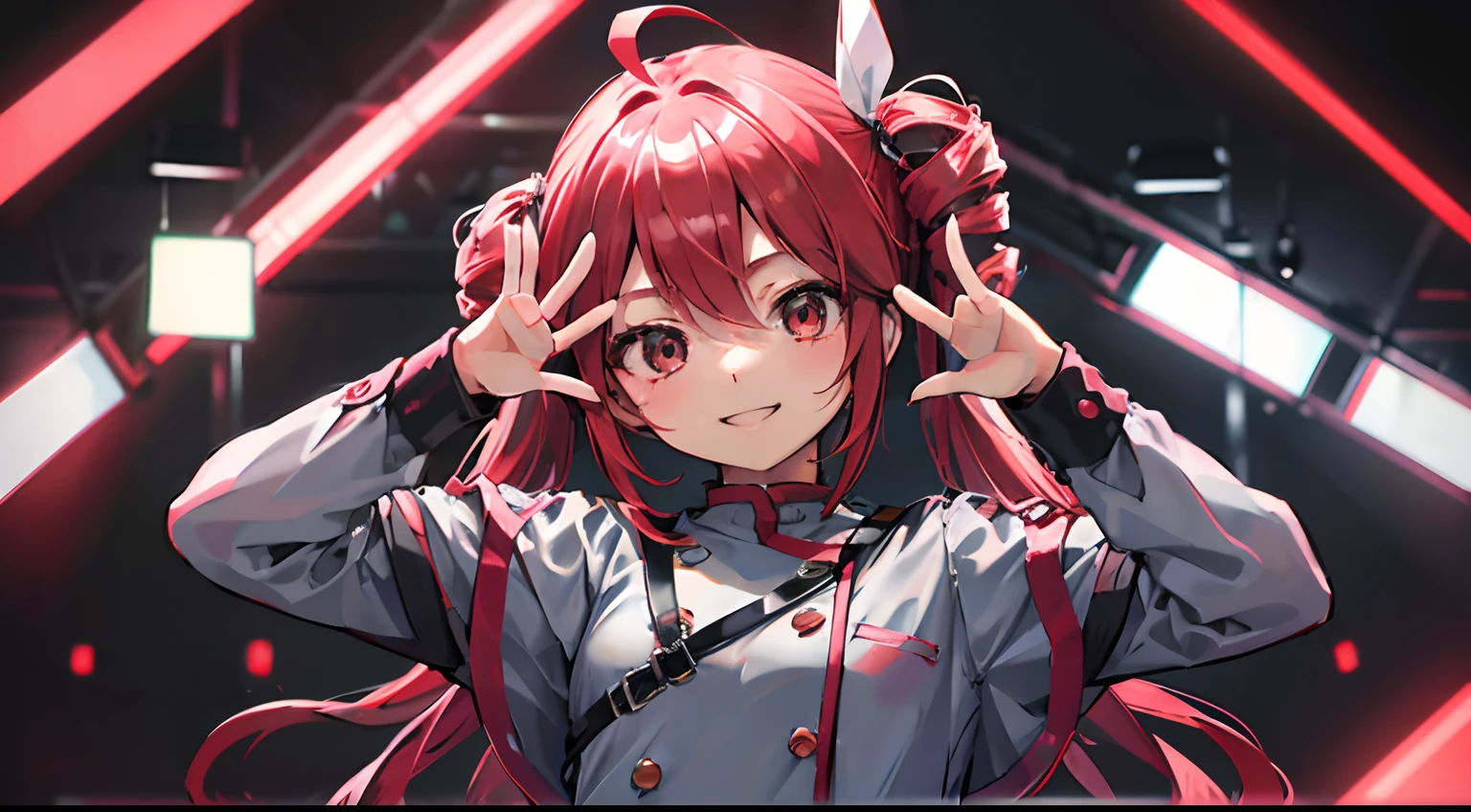 kawaii、1girl in、hiquality、((​masterpiece))、Idle Pose、Tet、KasaneTeto、Twindrill hair、Smile in public、at stage、red hairs、neat and clean clothes of neat gray color,