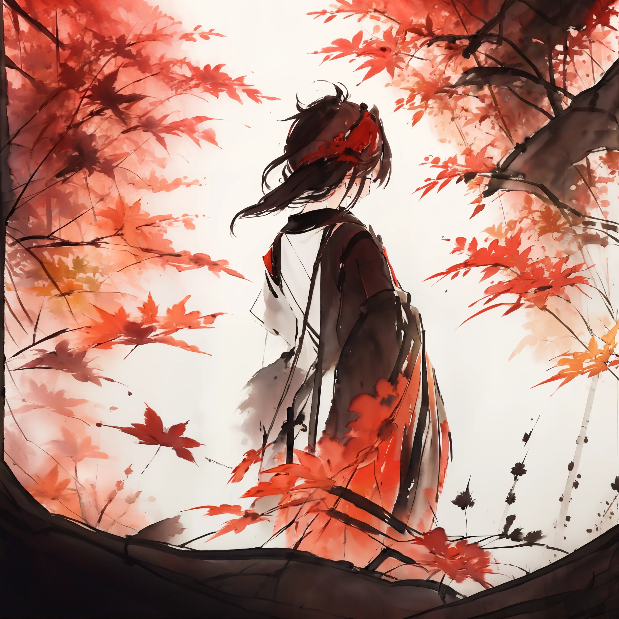 cinematic, masterpiece, 1man, kaedehara kazuha, official costume, from behind, maple tree, (maple leaves falling), hanfu, inkpating, raining maple leaves