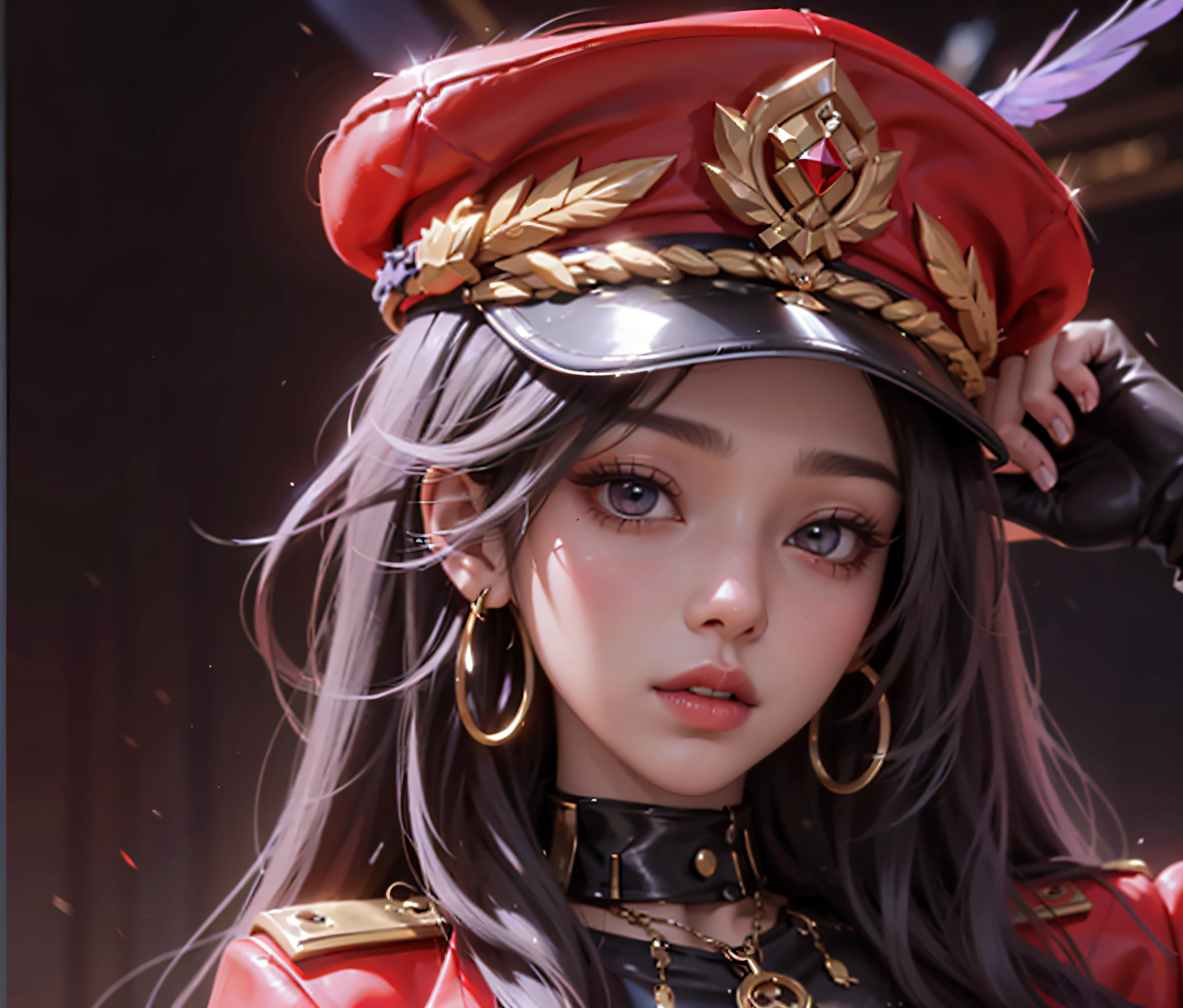 1 girlirl， Beautiful and realistic Cardi B as a semi-Asian mestizo, Half of League of Legends Spanish Prestige KDA comes entirely from Achri，Ultra HD, 8K quality, A girl, Very long hair， Detailed eyes, Frontal capture, Unreal Engine 5,Wearing a military cap，Military uniform temptation，Reclining on the sofa，Black sofa，Red military uniform，Bright red tones