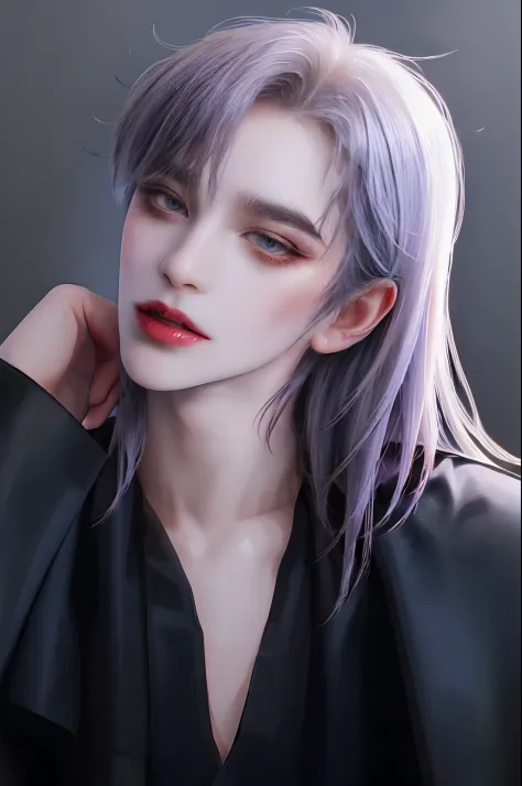 ((4K works))、​masterpiece、（top-quality)、((high-level image quality))、((One beautiful vampire woman))、Slim body、((Vampire Black Y-Shirt Fashion))、(Detailed beautiful eyes)、((Fantastic black background))、((Face similar to Chaewon in Ruseraphim))、((shoulder-l...