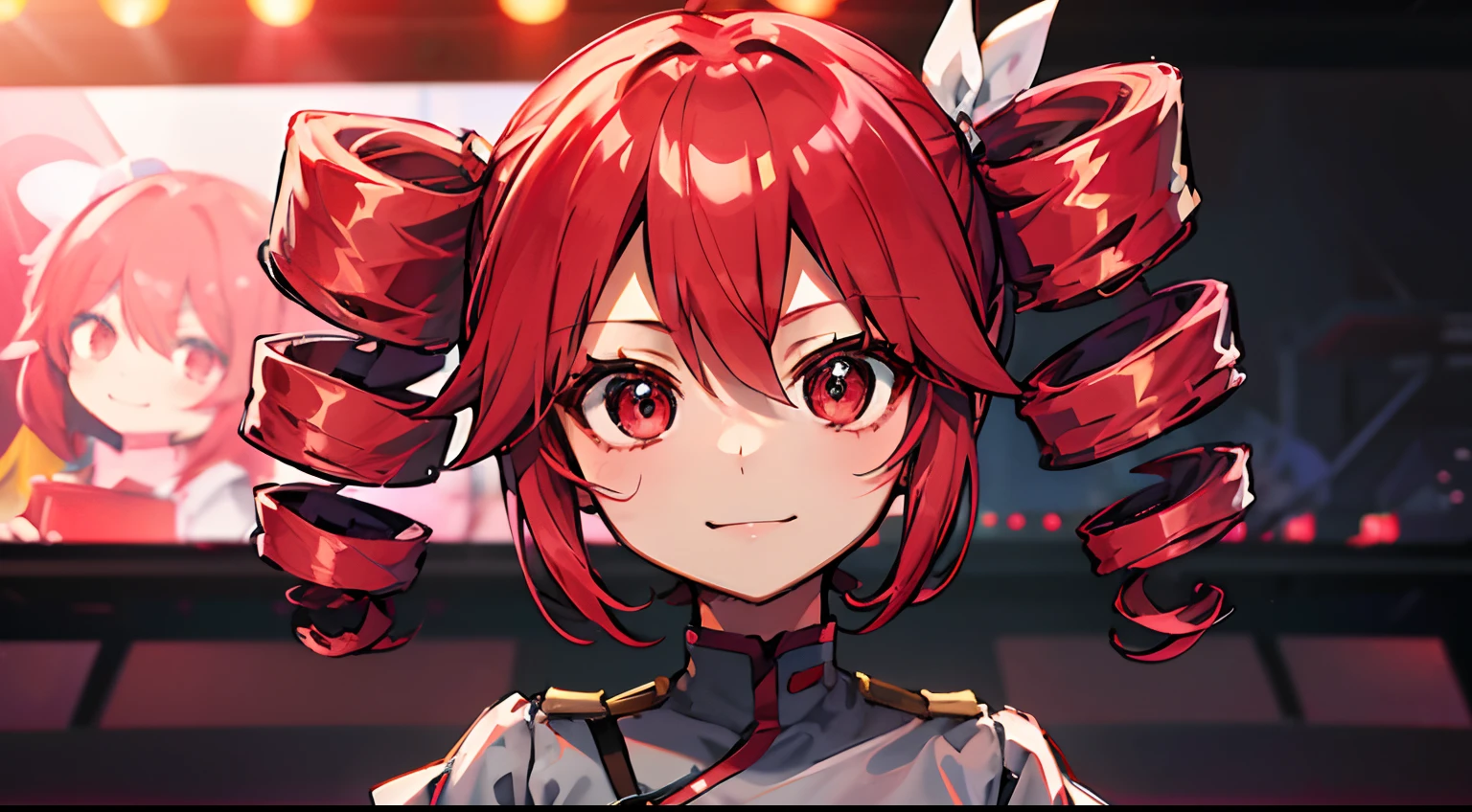 kawaii、1girl in、hiquality、((​masterpiece))、Tet、KasaneTeto、Twindrill hair、Smile in public、at stage、red hairs、neat clothes of neat gray color,,,,,,、Red curly hair like a drill、red eyes、Idle Pose、refer５Boken