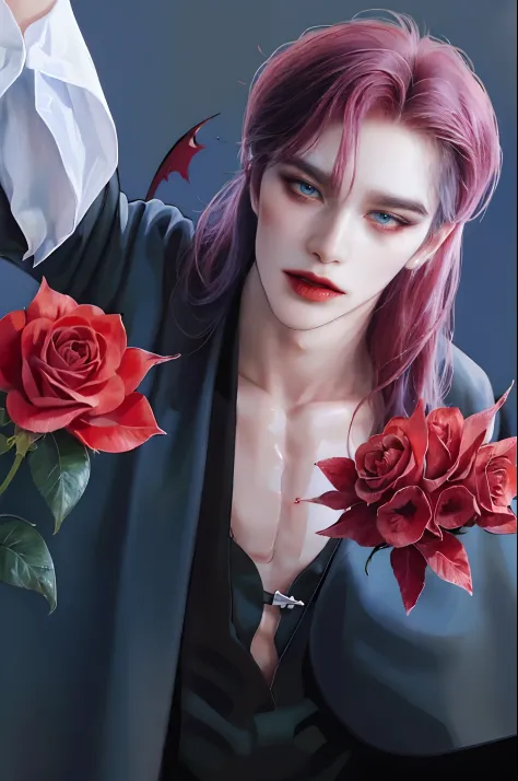 ((4K works))、​masterpiece、（top-quality)、((high-level image quality))、((One beautiful vampire woman))、Slim body、((Vampire Black Y-Shirt Fashion))、(Detailed beautiful eyes)、((Red rose and raven on fantastic black background))、((Face similar to Chaewon in Rus...