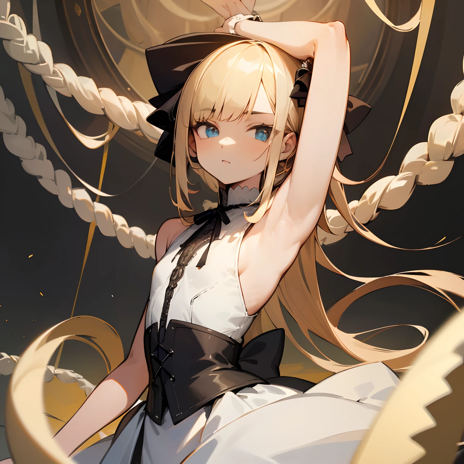 Reines, 1girl, high quality, best quality, illustration, masterpiece, (highly detailed:1.2), (extremely detailed:1.3), flat chest, sleeveless, gothic lolita, young girl, white dress, looking at viewers, short skirt, white, showing a bit armpits, string ribbon, in a house