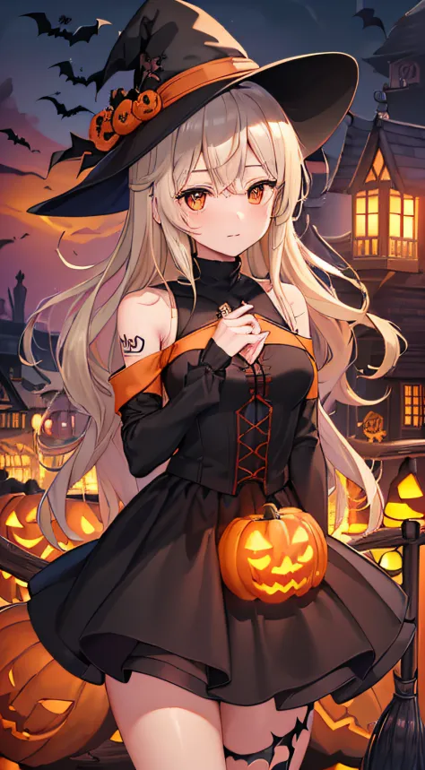 top-quality、Top image quality、​masterpiece、teens girl((18year old,Black Wizard Hat、Black and orange sexy clothes,Orange and black skirt、Orange muffler,Best Bust、Bust 85、blonde  hair、Longhaire,silver eye、open chest wide、Valley、Happiness、A slender、Blood coat...