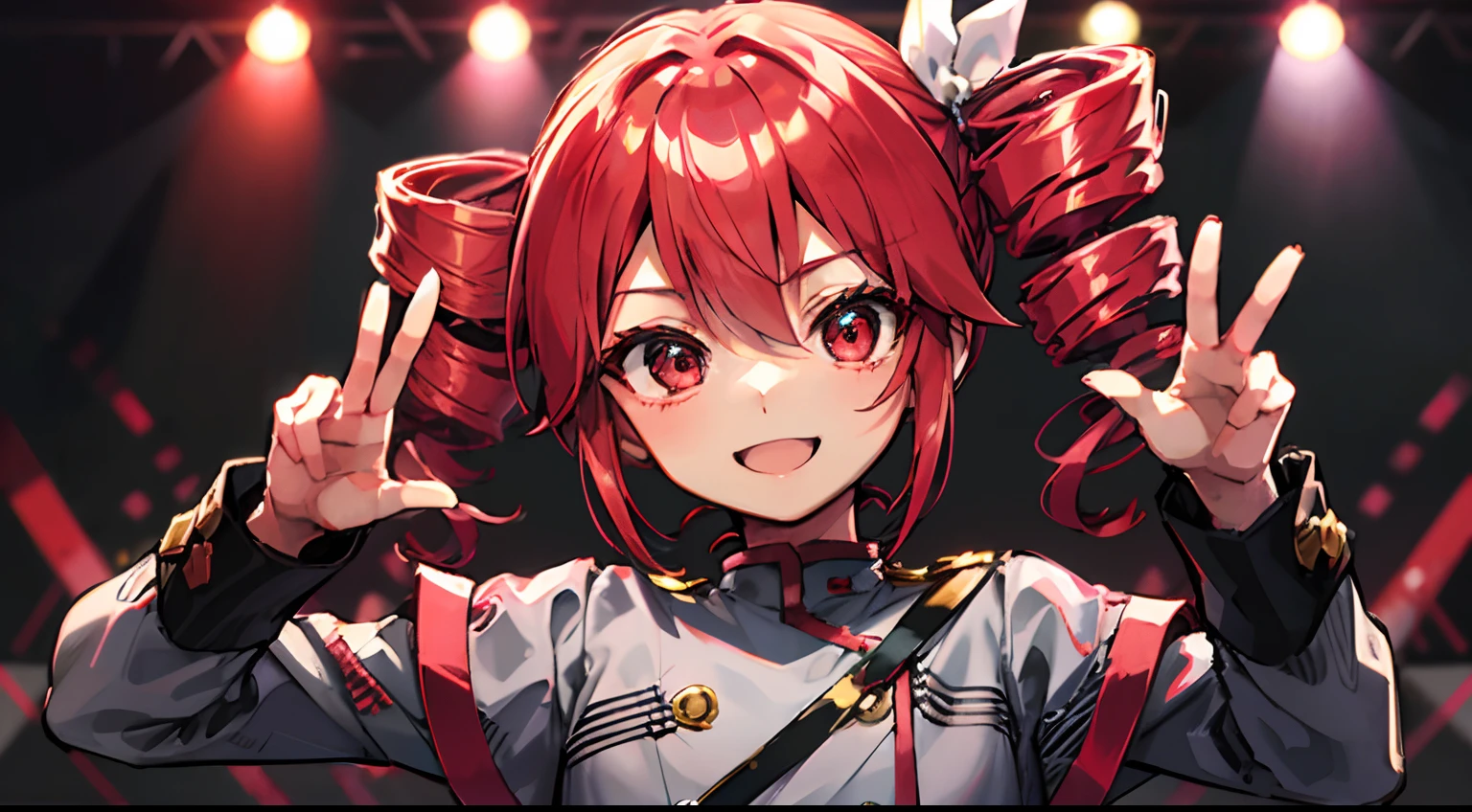 kawaii、1girl in、hiquality、((​masterpiece))、Tet、KasaneTeto、Twindrill hair、Smile in public、at stage、red hairs、neat clothes of neat gray color,,,,,,,、Red curly hair like a drill、red eyes、Idle Pose、Hand invisible pose