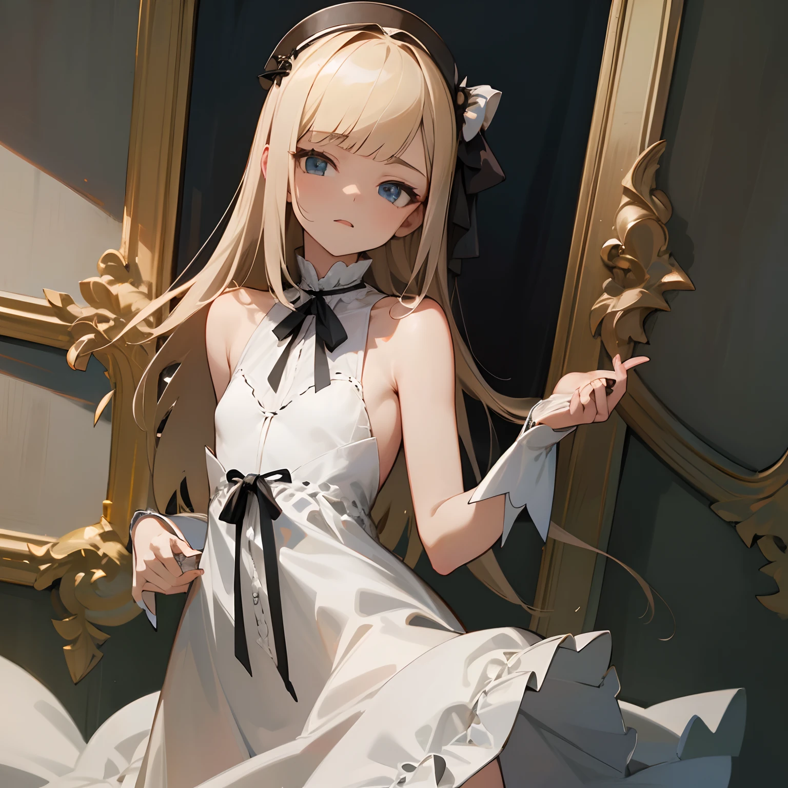 Reines, 1girl, high quality, best quality, illustration, masterpiece, (highly detailed:1.2), (extremely detailed:1.3), flat chest, sleeveless, bare shoulders, gothic lolita, young girl, white dress, looking at viewers, short skirt, white, revealing, string ribbon, in a house