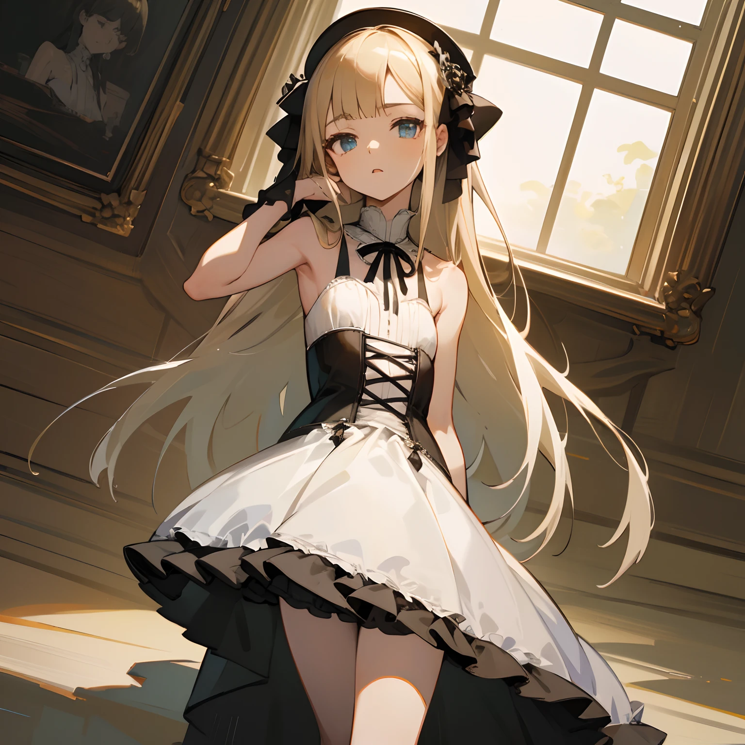 Reines, 1girl, high quality, best quality, illustration, masterpiece, (highly detailed:1.2), (extremely detailed:1.3), flat chest, sleeveless, bare shoulders, gothic lolita, young girl, white dress, looking at viewers, short skirt, white, revealing, string ribbon, in a house