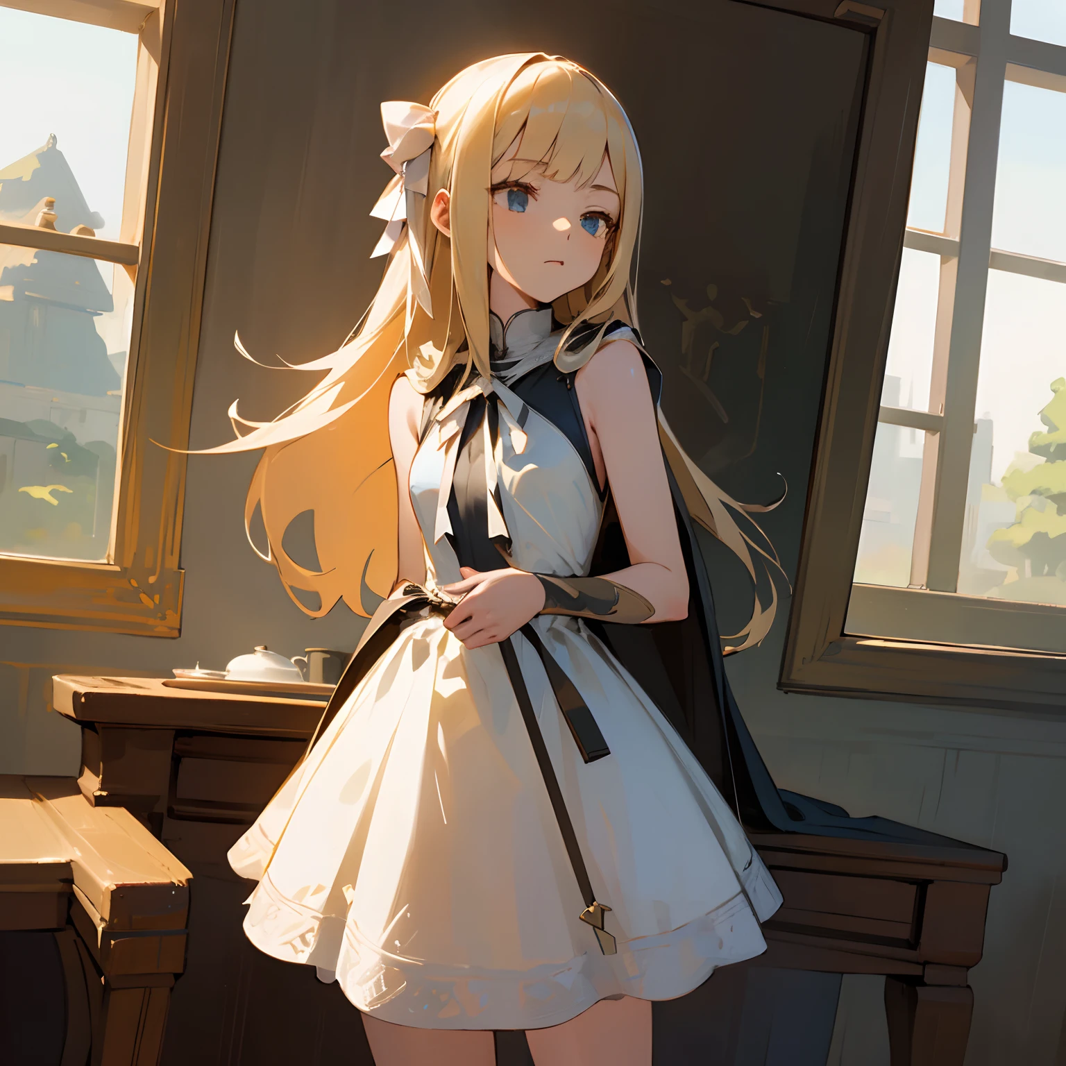 Reines, 1girl, high quality, best quality, illustration, masterpiece, (highly detailed:1.2), (extremely detailed:1.3), small breasts, sleeveless, young girl, white dress, transparent cape, short skirt, white, revealing, string ribbon, petite, in a house