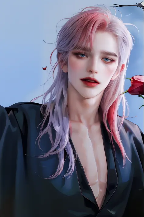 ((4K works))、​masterpiece、（top-quality)、((high-level image quality))、((One beautiful vampire woman))、Slim body、((Vampire Black Y-Shirt Fashion))、(Detailed beautiful eyes)、((Red roses and crows on black city background))、((Face similar to Chaewon in Ruserap...