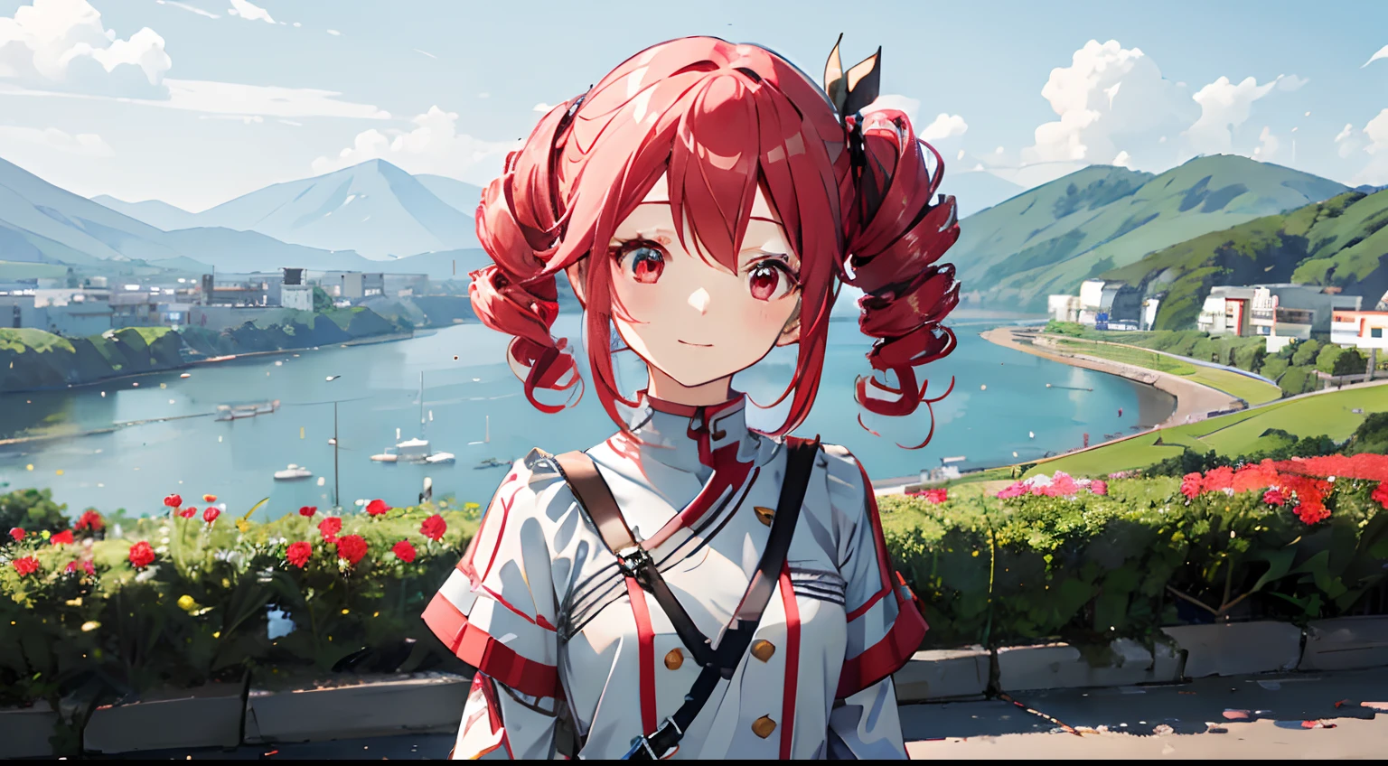kawaii、1girl in、hiquality、((​masterpiece))、Tet、KasaneTeto、Twindrill hair、Smile in public、at stage、red hairs、neat clothes of neat gray color,、Red curly hair like a drill、red eyes、fantastic landscape