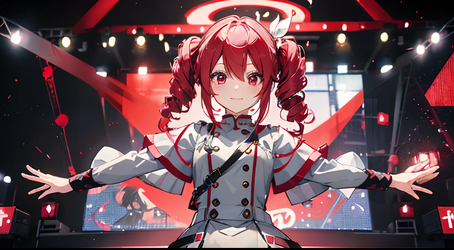 kawaii、1girl in、hiquality、((​masterpiece))、Tet、KasaneTeto、Twindrill hair、Smile in public、at stage、red hairs、neat clothes of neat gray color,,、Red curly hair like a drill、red eyes、