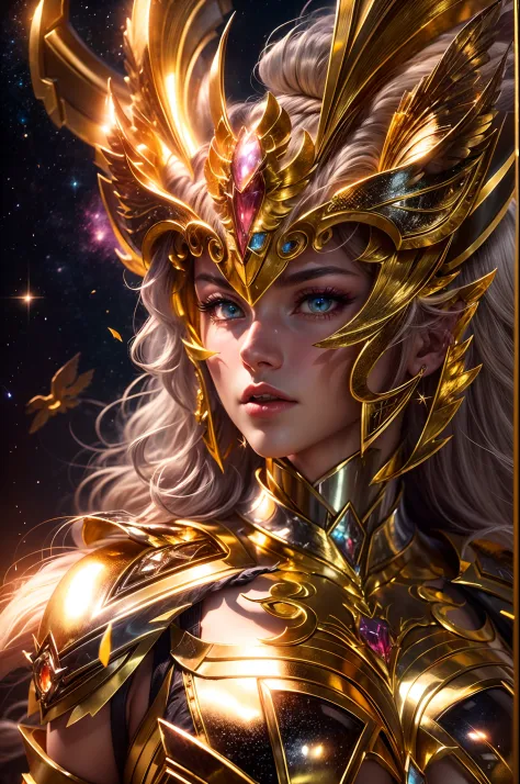a beautiful female saint seiya, seductive body,In a bright movie light, a highly detailed depiction of Saint Seiya in their iconic Gold Armor stands out. The armor shines brilliantly with a realistic and hyper-realistic level of detail, accentuating every ...