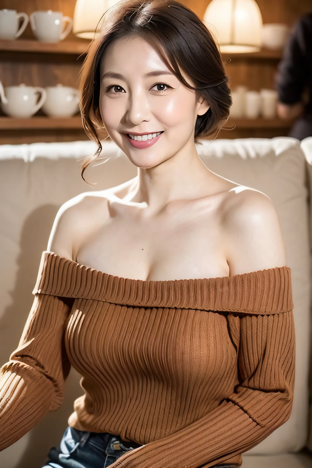 top-quality,ultra-detailliert,​masterpiece,realisitic,Photo Real,very extremely beautiful５１Year old housewife、(kawaii:1.32),Thin smile:0.02(Brown eyes),(brown haired),(bangss),perfect glossy skin,flawless skin,((Human Realistic Skin)), (teats:1.6435),(large full breasts),(big breasts thin waist),(Slender body:1.2), (Wearing only a sexy white off-shoulder knit long sweater)、(panties on:1.0),Lounge on a sofa in a café、fully body photo:1.33