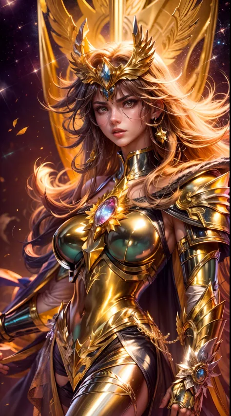 a beautiful female saint seiya, seductive body,In a bright movie light, a highly detailed depiction of Saint Seiya in their icon...