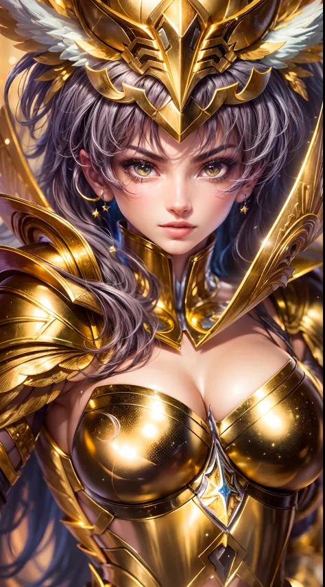 a beautiful female saint seiya, seductive body,In a bright movie light, a highly detailed depiction of Saint Seiya in their iconic Gold Armor stands out. The armor shines brilliantly with a realistic and hyper-realistic level of detail, accentuating every ...