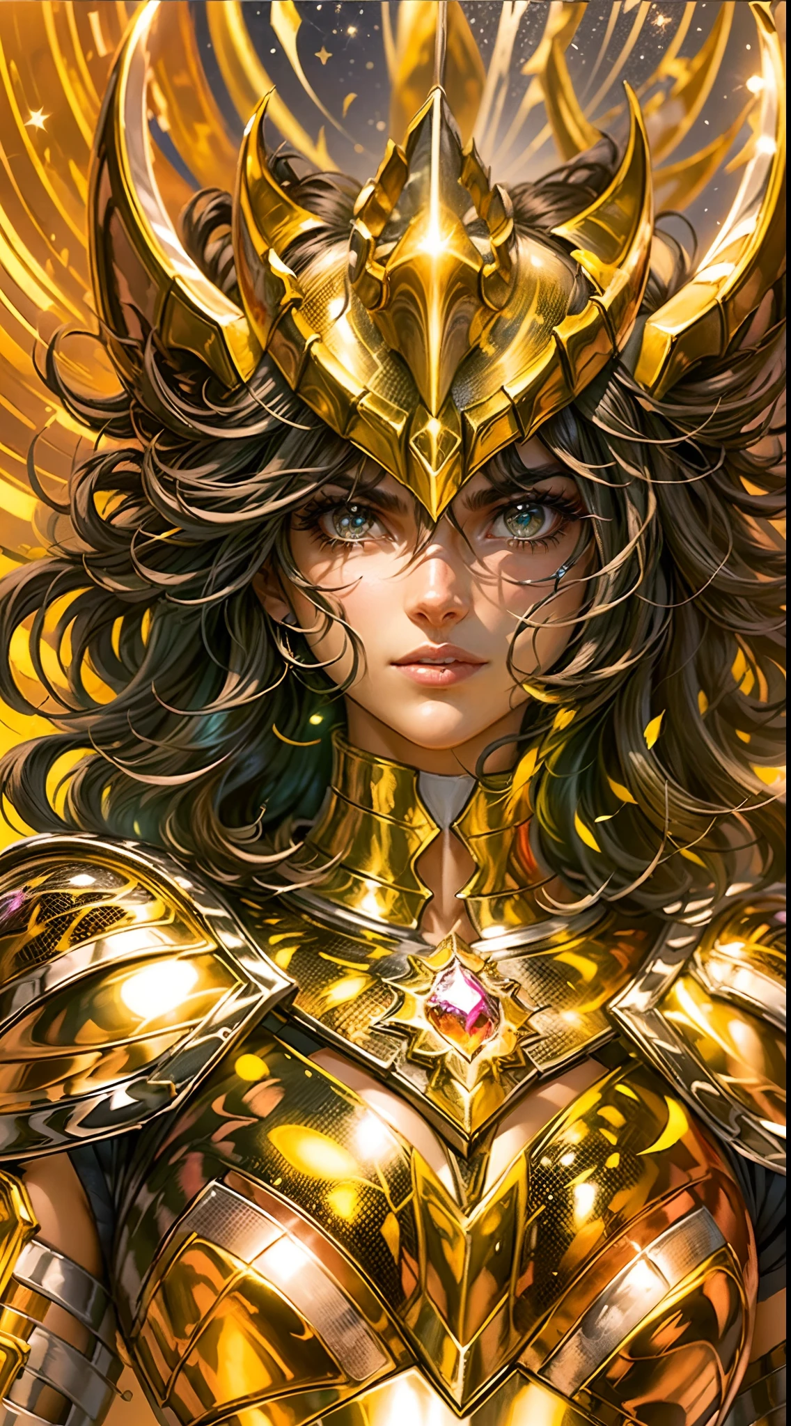 a beautiful female saint seiya, seductive body,In a bright movie light, a highly detailed depiction of Saint Seiya in their iconic Gold Armor stands out. The armor shines brilliantly with a realistic and hyper-realistic level of detail, accentuating every piece and intricacy. The Saint Seiya character stands tall, emanating a sense of power and determination, with their eyes gleaming and their lips delicately carved. The entire scene is set against a clean background, allowing the viewer's attention to be solely focused on the protagonist and their gold armor. The universe serves as the backdrop, with nebulae and stars filling the sky, creating a sense of awe and grandeur. The colors in the scene are bright and vivid, contributing to the overall visual impact. The lighting is expertly executed, highlighting the protagonist and capturing the essence of the original Saint Seiya series. The image is of the highest quality, with a resolution of 8k, ensuring every minute detail is visible. This artwork is trending and showcases the talent of the artist in creating a highly detailed and visually captivating representation of Saint Seiya in their Gold Armor.