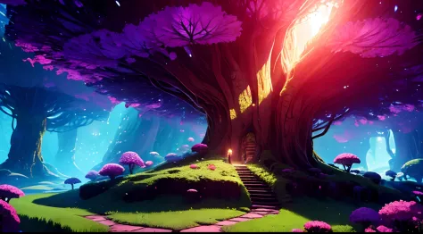 Fantasy meadow, big tree with purple leaves, night, glowing light particles in the leaves,