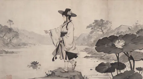 (​masterpiece、top-quality:1.2)、traditional Chinese ink painting、The lotus flowers、pond、walking Buddha side by pond