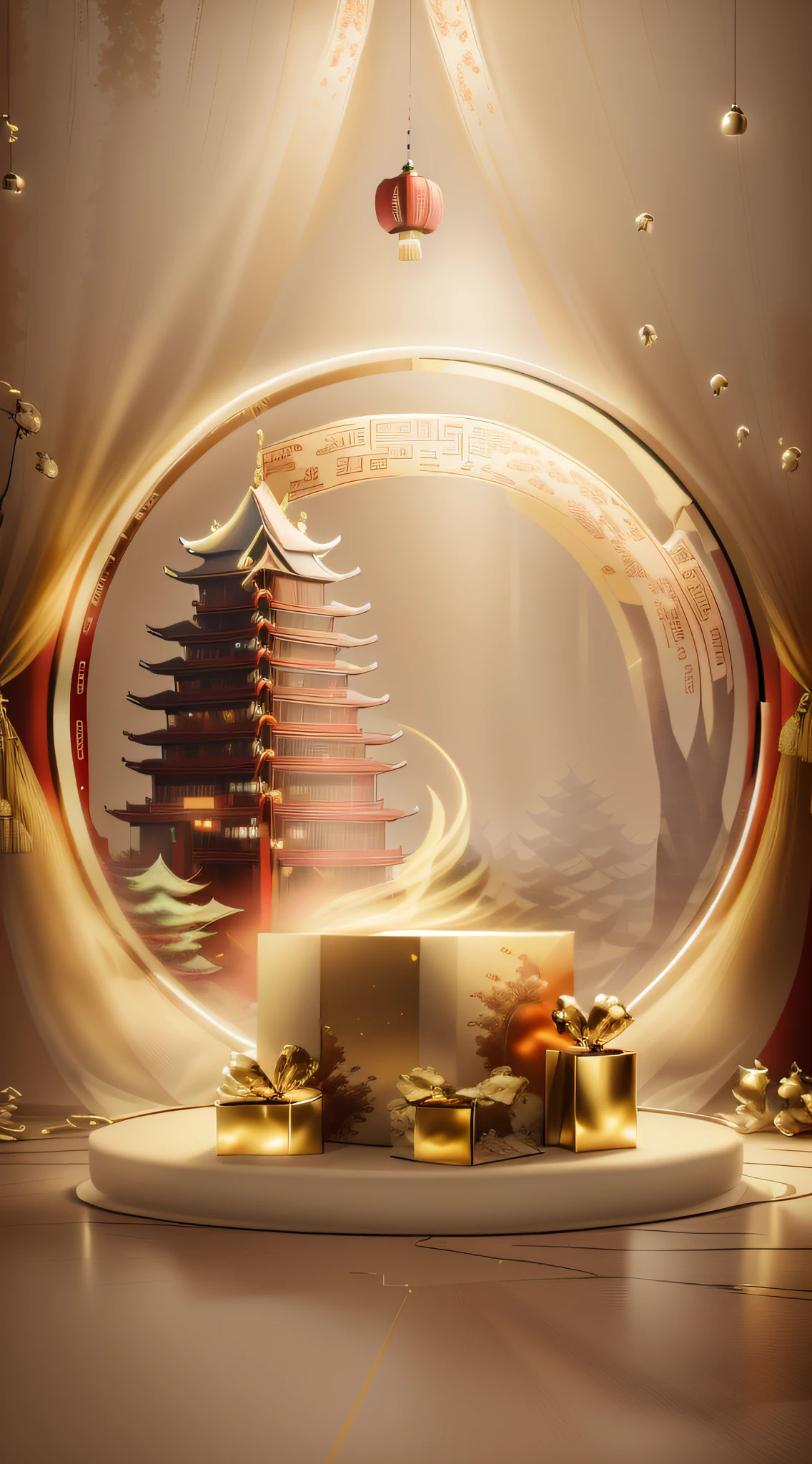 There is a white Chinese base，It has landscape reliefs and Chinese ornaments, The silk curtain opens in the middle to form a background, Gifts, Festive atmosphere, festivity, Gifts, Holiday, chinese decorations, gold, Relaxed. Chinese style background, Golden silk, cream - colored room, in style of 3d render, National style background,Chinese round pattern background，Ray traching，Cinematic lighting effects，Shining Effect