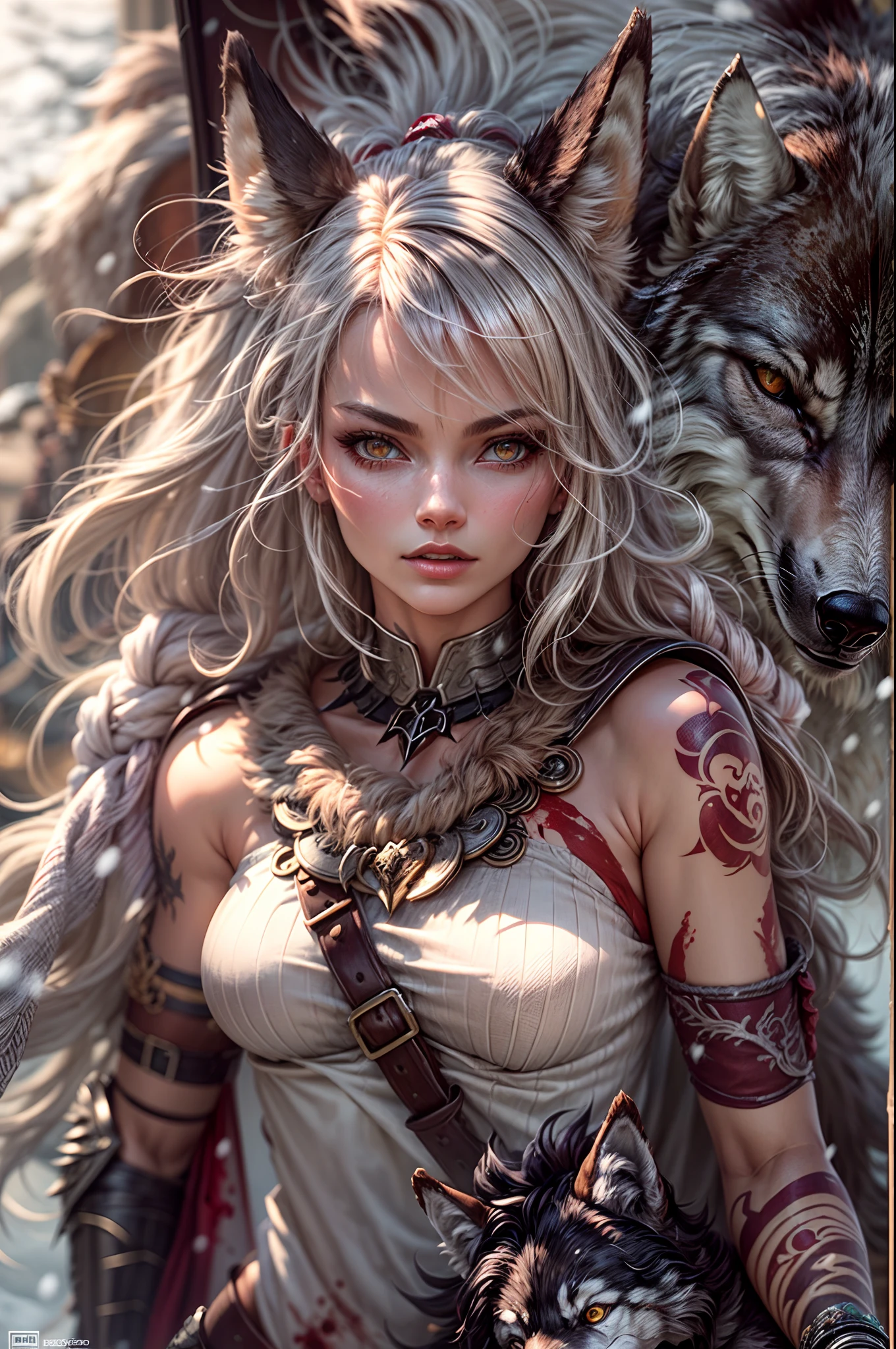 4k highly detailed realistic digital extremely high quality RAW photograph, a portrait photo of margot robbie that lived with wolves her whole life is now leading them to battle. torn clothes exposing (:1.4) body, armored pauldrons, fangs, curled horns, big breasts, ((snow and blood)), ((wolf tattoos)), epic, hyperrealistic, hyperrealism, 8k, cinematic lighting, greg rutkowski, wlop, (f1.8 short focus bokeh)
