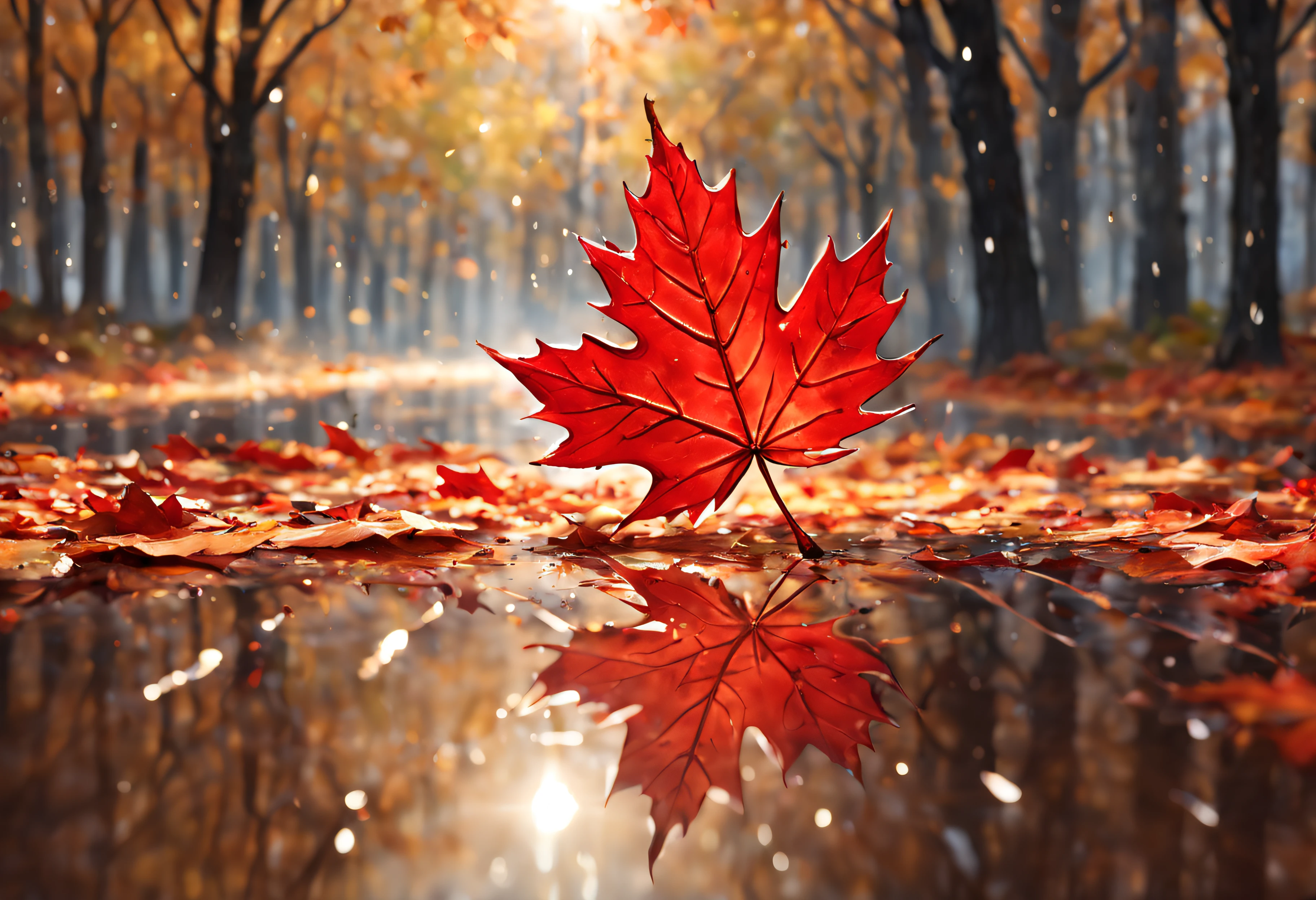 masterpiece,best quality,rain style,sunlight,light,puddle,beautiful lighting,blowing,reflection,autumn leaves,maple syrup bottle,red particles,depth of field,forest,