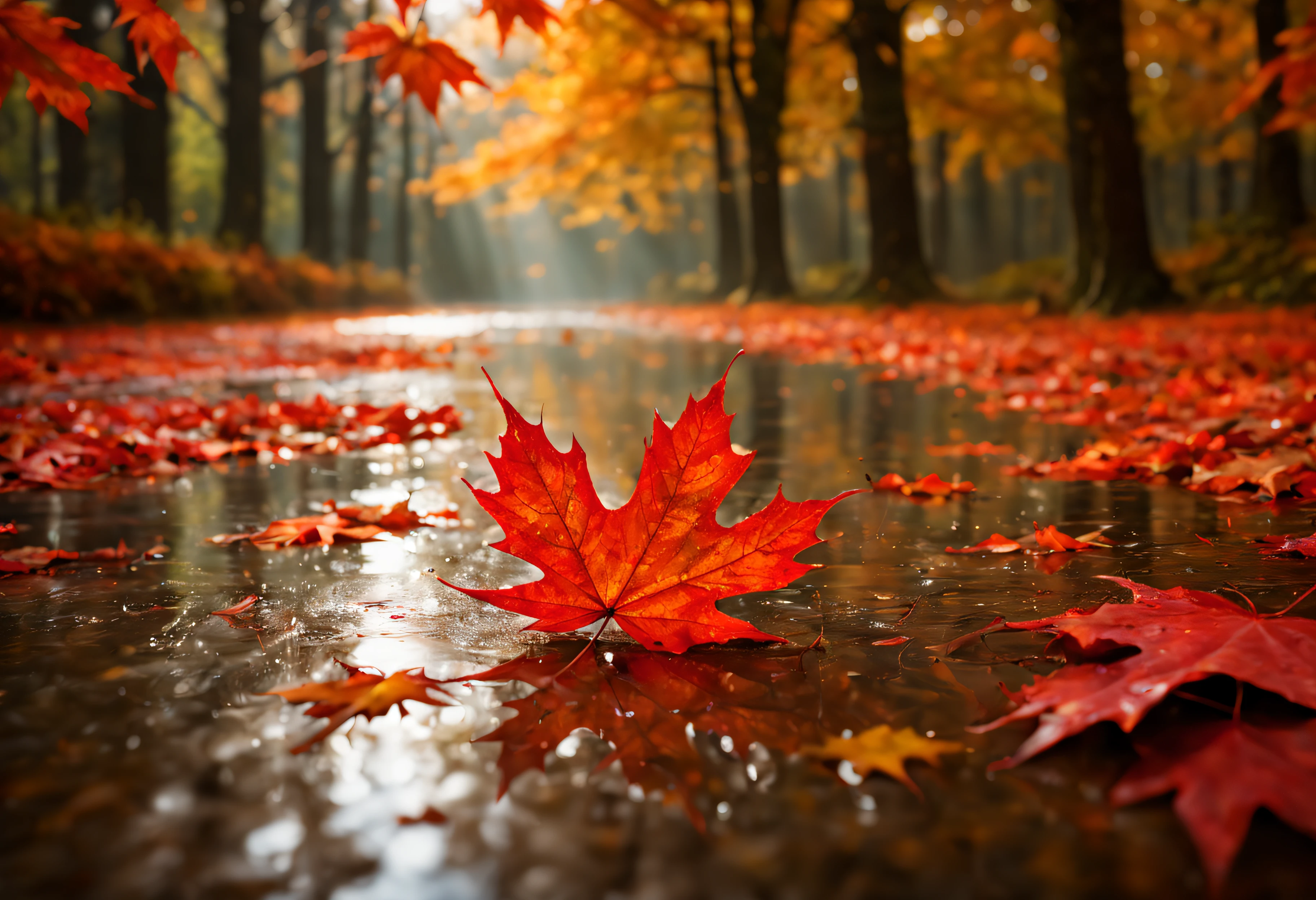 masterpiece,best quality,rain style,sunlight,light,puddle,beautiful lighting,blowing,reflection,autumn leaves,maple syrup bottle,red particles,depth of field,forest,