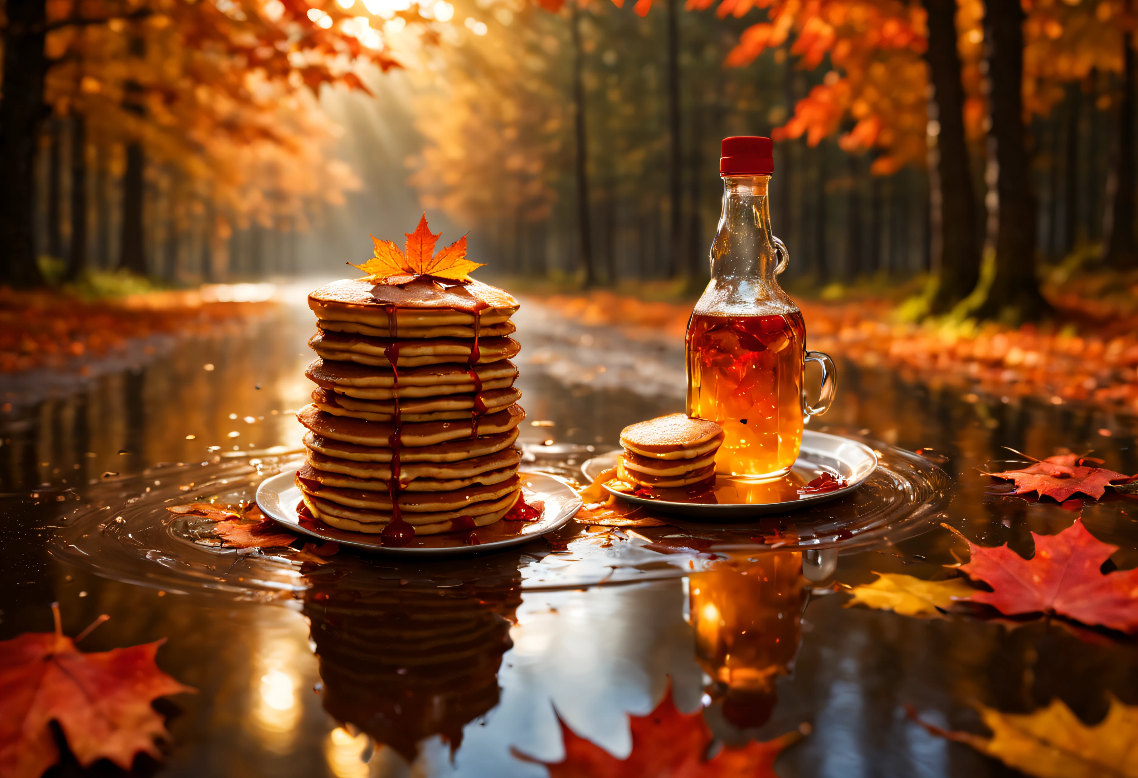 masterpiece,best quality,rain style,sunlight,light,puddle,beautiful lighting,blowing,reflection,autumn leaves,maple syrup bottle,red particles,depth of field,forest,