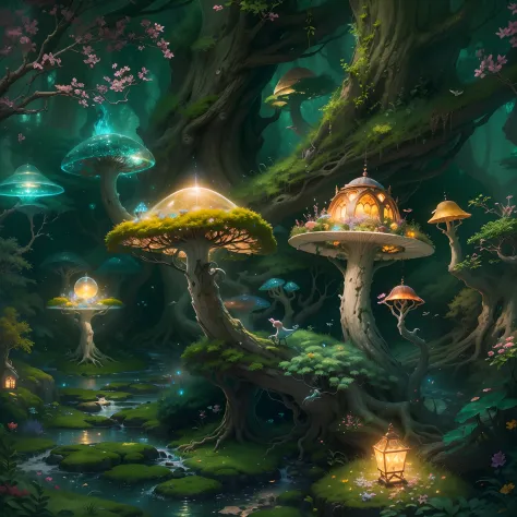 A magical forest with enchanting creatures and vibrant flora, (high-res,masterpiece:1.2), (mystical,magical) lighting, (detailed,fine-art) textures, (fairytale,fantasy) elements, (lush,exquisite) foliage, (whimsical,enchanted) atmosphere, (ethereal,otherwo...