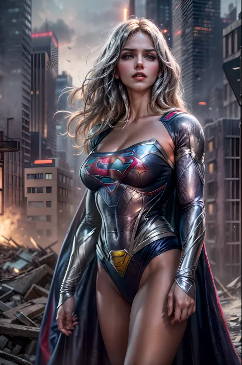 action shots of  supergirl ((wearing a sexier revealing black and silver version of the evil supergirl suit man of steel)), large breasts, toned body, (explosions in the background a city in ruins), Style-BladeRunner2049-8v Intricate, High Detail, Sharp focus, dramatic, ((photorealistic))