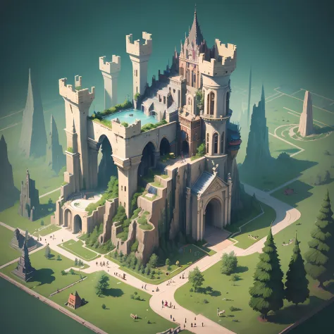 Isometric architecture，illustration，HighestQuali，tmasterpiece，courtyard，sky-high tower，Buttresses，borgar，chies，gotik，Super giant castle, paradise, paradise, giant cyberpunk, top quality utopia waterfall, Mother nature
