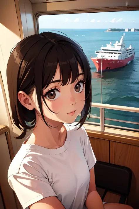 (masterpiece), best quality, expressive eyes, perfect face, A girl is exploring the inside of the "SUNFLOWER" ship, (Ferry "SUNF...