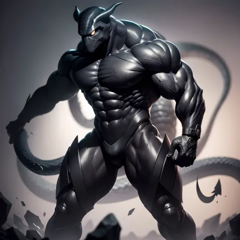 Humanoid  snake muscled ,  with a snake's head black with  a tail with 2 huge arms ,  in suit with a tie , full body