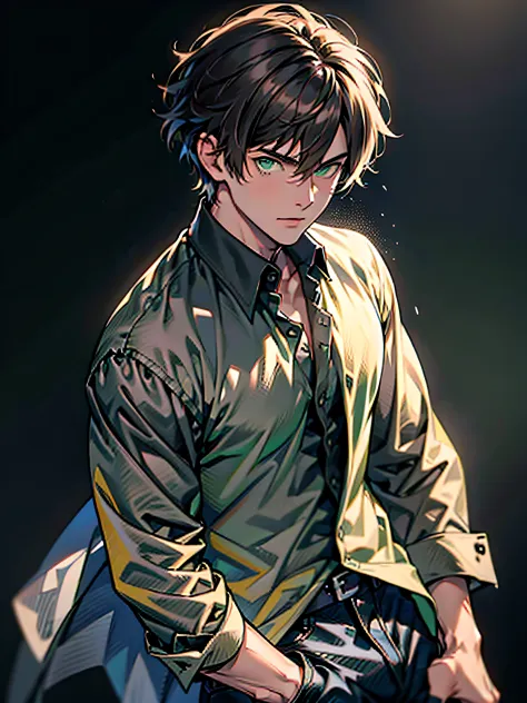 Anime boy with dark bronze, short hairs ((brown hairs))and light green eyes ((light green eyes)). Wearing black jeans and unbutt...