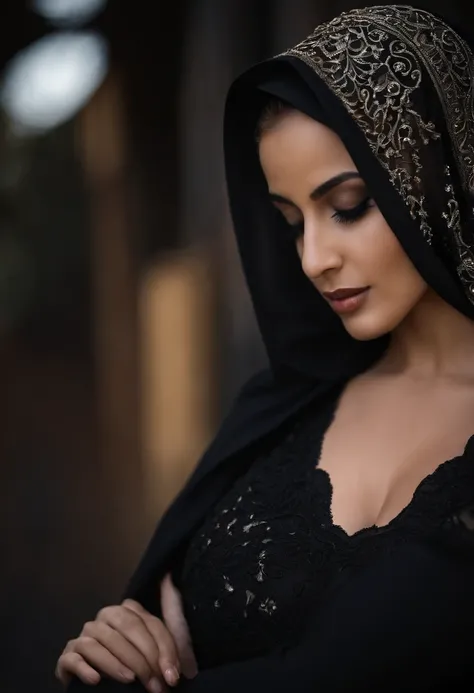 A woman in a black hijab and gold bra top - SeaArt AI