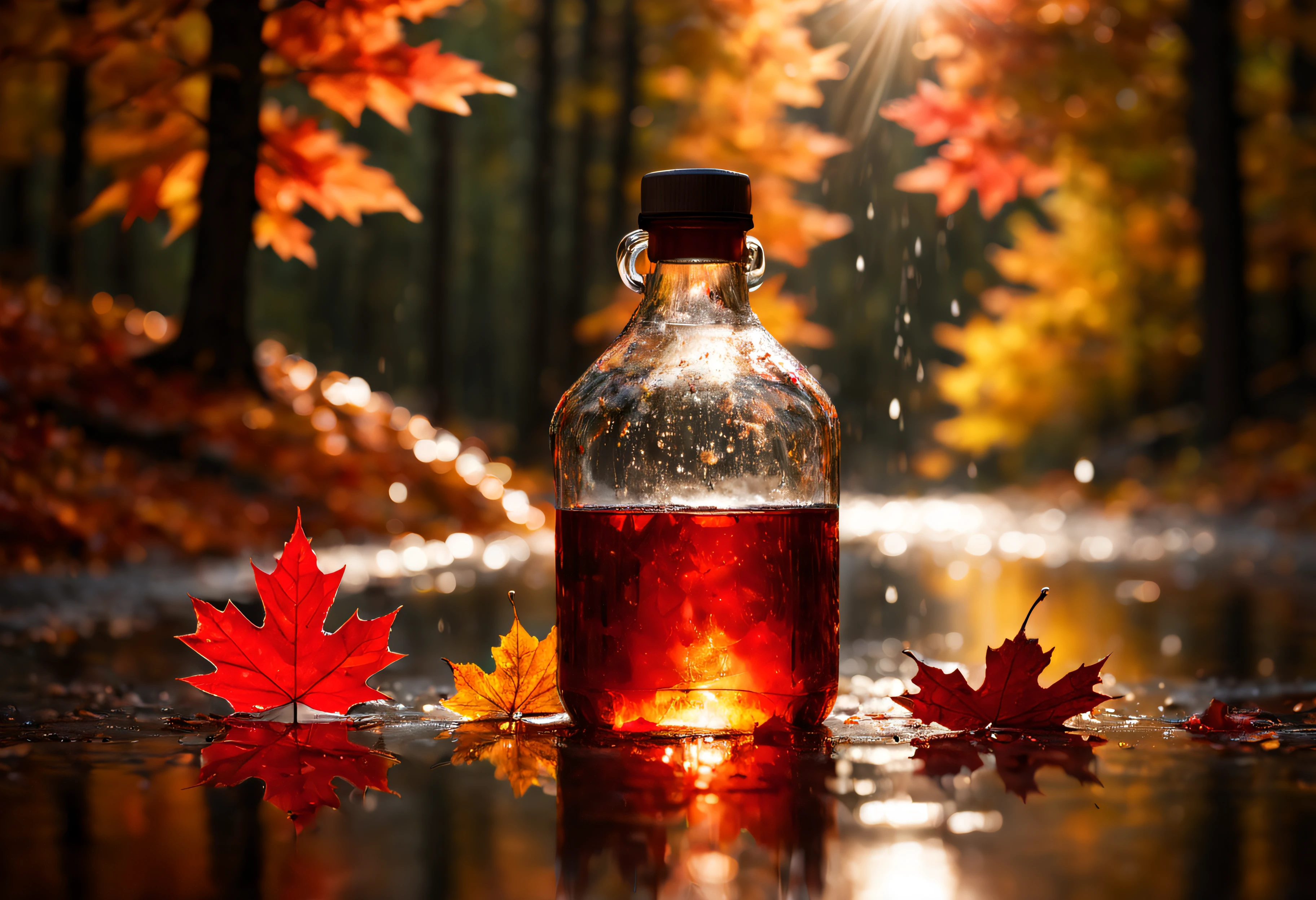 masterpiece,best quality,rain style,sunlight,light,puddle,beautiful lighting,blowing,reflection,autumn leaves,maple syrup bottle,red particles,depth of field,forest,