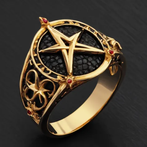 Yellow gold ring，Pentagram pattern，It shines with a noble golden light，The golden-red tone is filled with dark-style graphics，simple backgound， with black background，Simple details