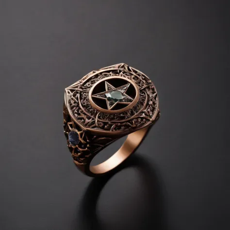 Bronze ring，Pentagram pattern，Gemstone embellishment，simple backgound， with black background，Simple details