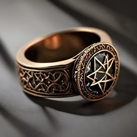 Bronze ring，Pentagram pattern，Gemstone embellishment，simple backgound， with black background，Simple details