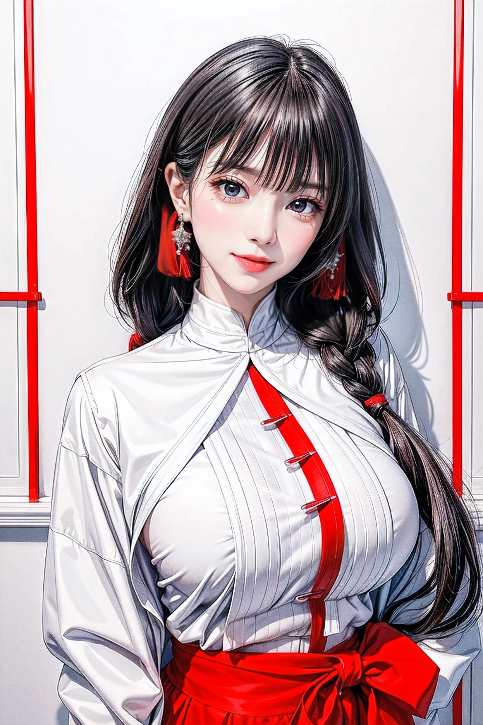 Simple white background, bow ribbon_Choker,鎖骨, long_sleeves, Open_Clothes, Open_Jacket, Red_Jacket, white_Shirt, Bangs, Black_Eyes, Black_hair, blunt_Bangs,((Bangs cut in a horizontal straight line:1.5)), long_hair,Single braid, 1 girl, 20yr old,infp young woman,Beautiful Finger,Beautiful long legs,Beautiful body, Beautiful nose,Beautiful character design, Perfect eyes, Perfect face,Expressive eyes,Perfect balance, Looking at Viewer,(Focus on her face),Closed mouth, (Innocent_Big_Eyes:1.0),(light_Smile:1.0), Official art,the Extremely Detailed CG Unity 8K Wallpapers, Perfect Lighting,Colorful, Bright_front_Face_Lighting,White skin, (masutepiece:1.0),(best_quality:1.0), 超A high resolution,4K,Ultra-detailed, Photography, 8K, nffsw, hight resolution, absurderes:1.2, Kodak Portra 400, Film grain, Blurry background, Bokeh:1.2, Lens Flare, (Vibrant_Color:1.2),professional photograpy, (Beautiful,Large_breasts:1.4), (Beautiful_Face:1.5),(narrow_waist),